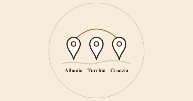 Tre segnaposto su una mappa collegati da un arco