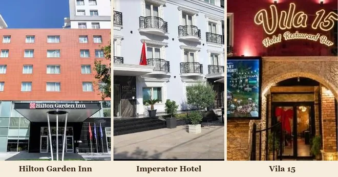 Le facciate di tre hotel a Tirana affiancate