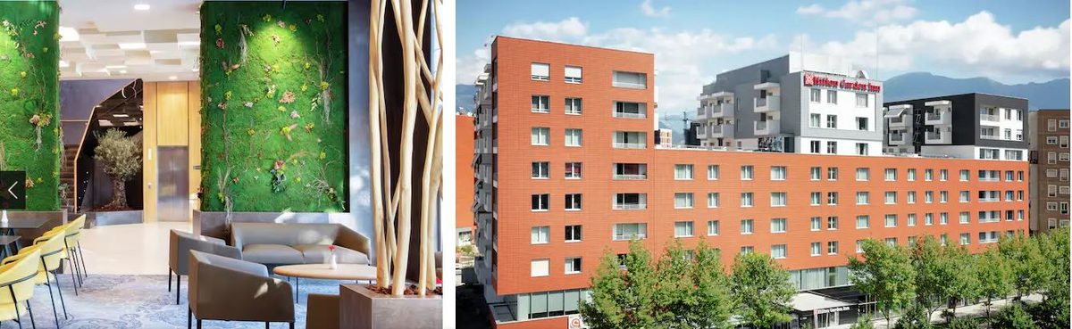 La lobby con le pareti verdi dell’Hilton Garden Inn Tirana